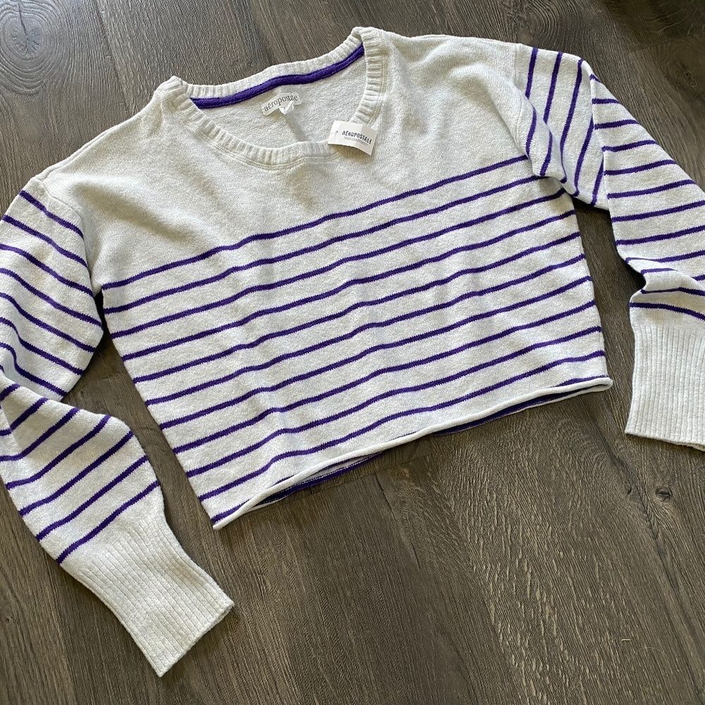 Aeropostale women's cropped crew neck sweater‎ gray white purple stripes Large